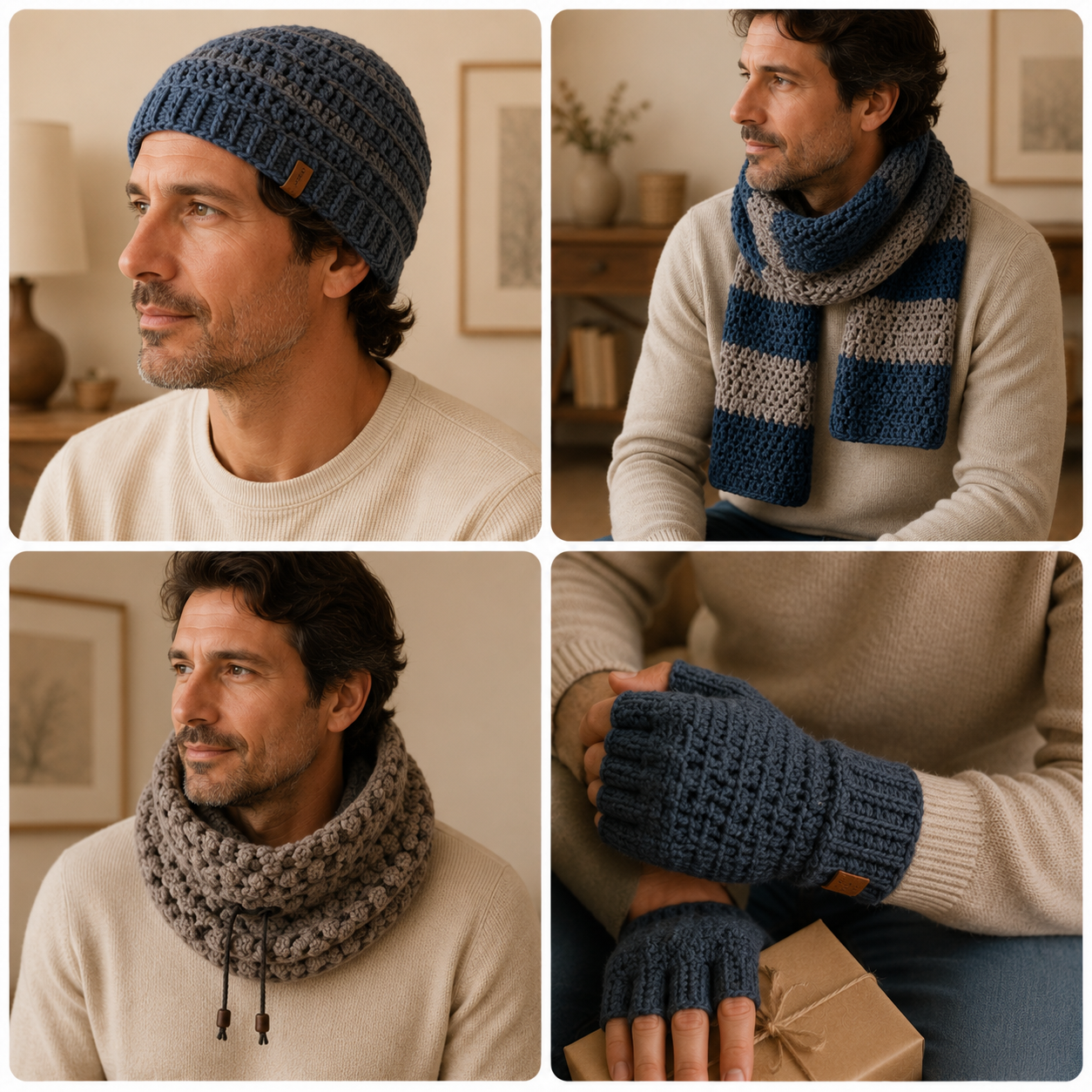 Mosaico de gorros, cachecóis, golas, pantufas e outros acessórios masculinos de crochê