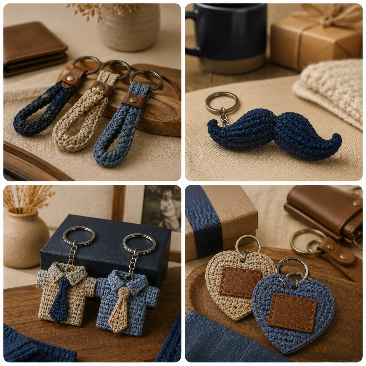 Mosaico de chaveiros, mini gravatas, corações, bigodes, mini ferramentas e lembrancinhas masculinas de crochê