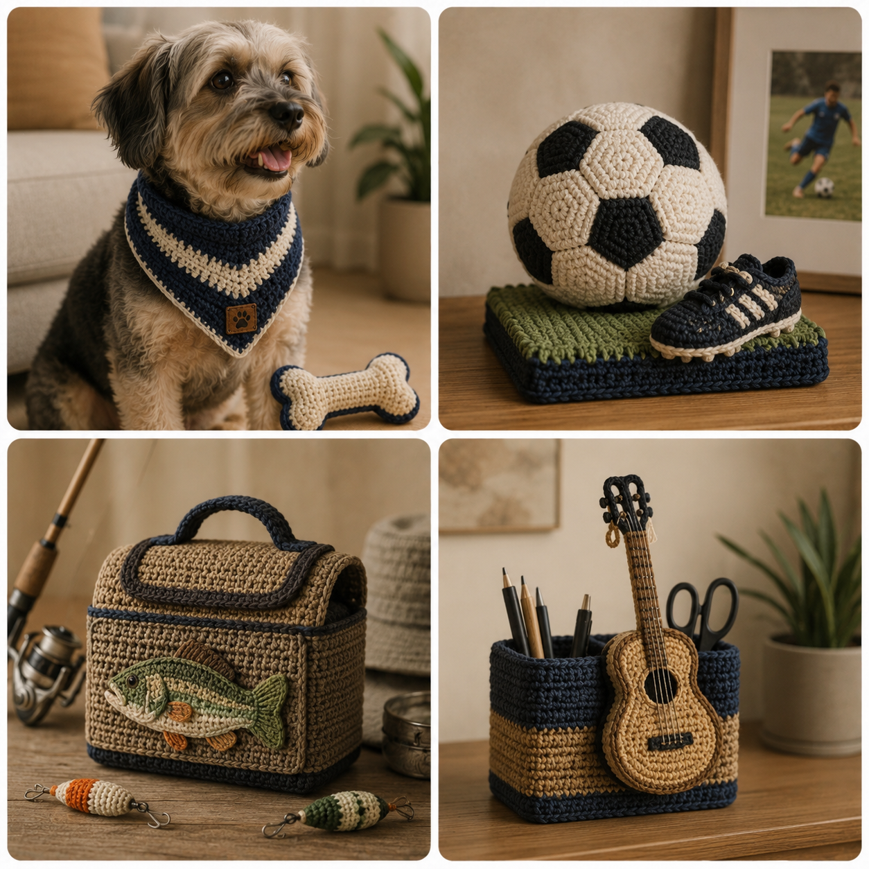Mosaico de peças inspiradas em pesca, futebol, animais, leitura, música, jardinagem e outros hobbies, sem utilizar marcas ou escudos protegidos