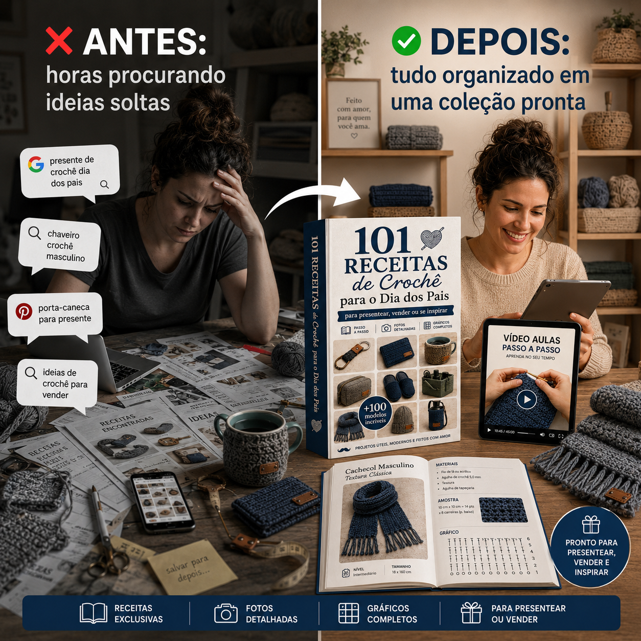 Colagem mostrando Pinterest, YouTube, Google e grupos apontando para a Biblioteca 101 Receitas de Crochê para o Dia dos Pais